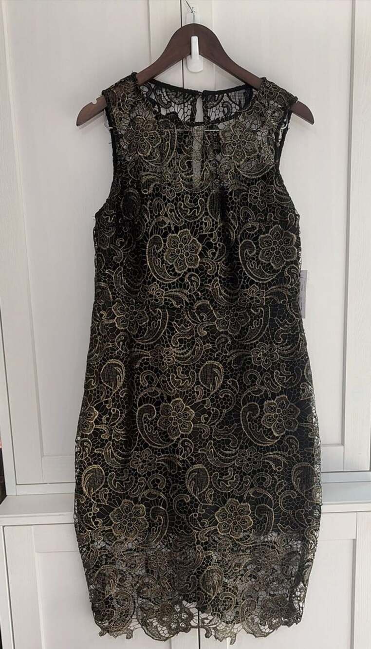 Black & Gold Metallic Crochet Lace Sleeveless Cocktail Dress Size 14